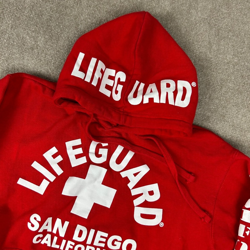 Vintage Lifeguard San Diego California Hoodie Unisex S Red Fleece Lined Pullover